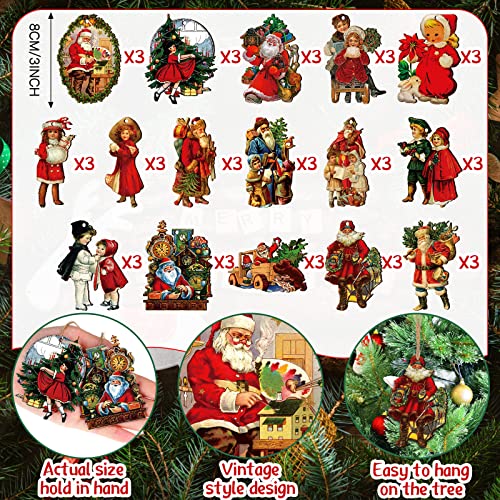 Sawysine 48 Pcs Vintage Wooden Christmas Ornaments Retro Xmas Decorations Bulk Santa Claus Hanging Ornaments for Christmas TreeCute Style - Image 3