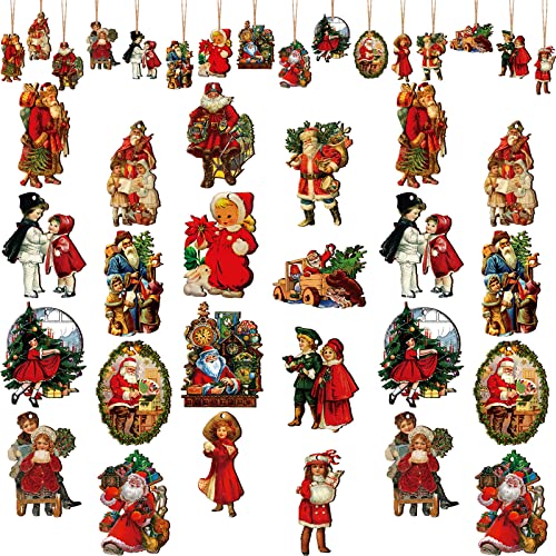 Sawysine 48 Pcs Vintage Wooden Christmas Ornaments Retro Xmas Decorations Bulk Santa Claus Hanging Ornaments for Christmas TreeCute Style - Image 1