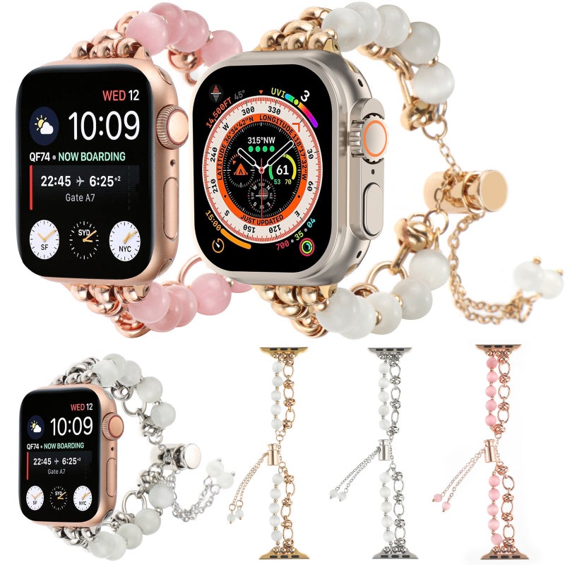 For Apple Watch Se 2023 44Mm Pearl Chain Metal Bracelet Watch Band(Pink Rose Gold) - Image 5