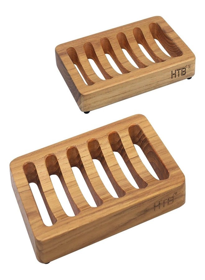 HTB Slotted Soap Dish 2 Pack Teak Wood by HTB, Kitchen Wooden Sponge Holder, Self Draining Soap Dish for Shower, Sink, Bathroom, Bathtub, RV - Image 1