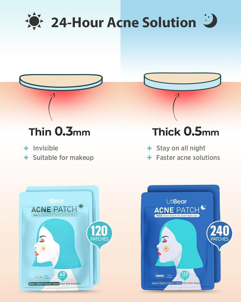 LitBear Acne Pimple Patches- Day and Night 4 Sizes 360 Dots Thin & Thick Hydrocolloid Patches with Witch Hazel, Tea Tree & Calendula Oil, Extra Adhesion Pimple Patches for Face Zit Patch Acne Dots - Image 2