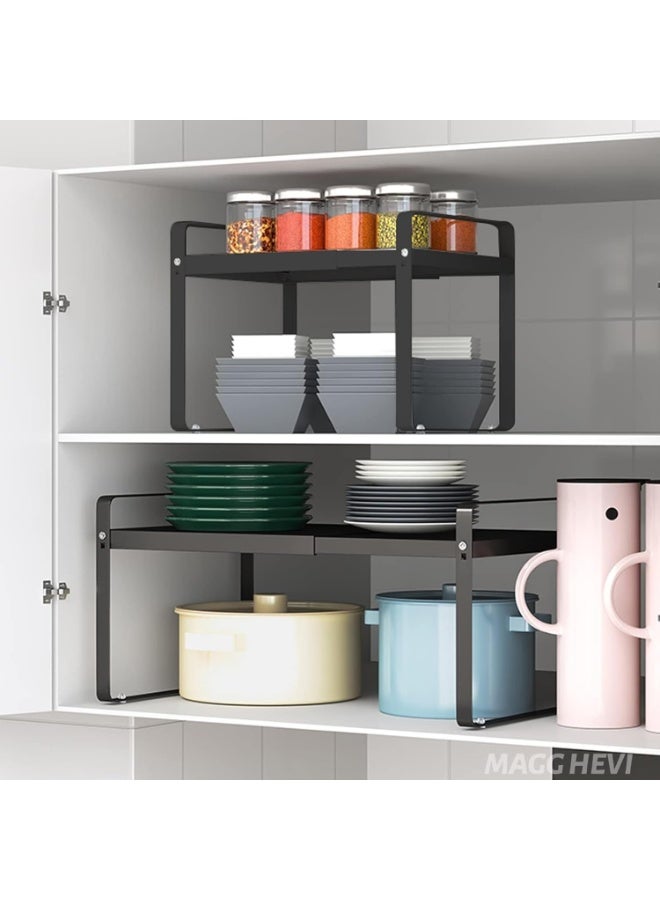 Arabest Expandable Cabinet Shelf Organiser Storage Rack, Kitchen Cabinet Organizer Shelf, Cupboard Stand Spice Rack, Stackable Heavy Duty Plate Pantry Shelves Space Riser for Kitchen Bathroom (Black) - Image 4