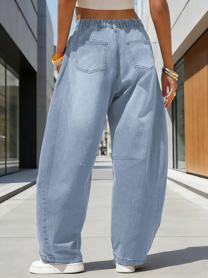 EXLURA Womens Barrel Jeans Wide Leg Y2K Boyfriend Denim Pants Hip Hop Vintage Baggy Jeans Cotton Mid-Low Elastic Waist Pants Sky Blue - Image 3