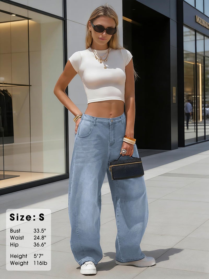 EXLURA Womens Barrel Jeans Wide Leg Y2K Boyfriend Denim Pants Hip Hop Vintage Baggy Jeans Cotton Mid-Low Elastic Waist Pants Sky Blue - Image 5