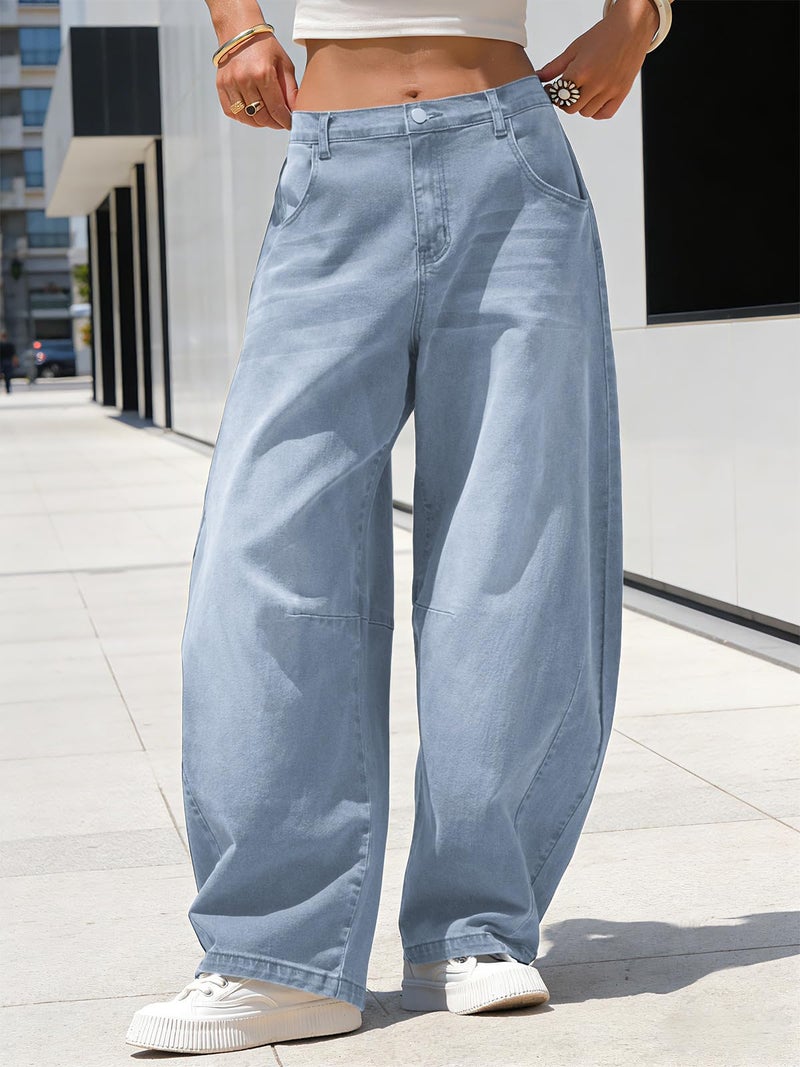 EXLURA Womens Barrel Jeans Wide Leg Y2K Boyfriend Denim Pants Hip Hop Vintage Baggy Jeans Cotton Mid-Low Elastic Waist Pants Sky Blue - Image 2