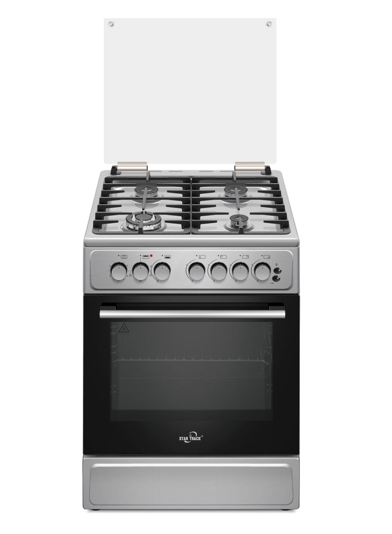 Freestanding Cooker with Convection Fan, Full Gas Cooking Range with 4 Burners, Automatic Ignition & Full Safety, Cast Iron Pan Support, Double Knob for Grill & Oven Control SG-KL6060-I Sliver