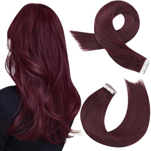 Moresoo Wine Red Tape in Hair Extensions Human Hair Invisible Hair Extensions Tape in Burgundy Tape in Extensions Real Hair Seamless Glue in Human Hair Extensions 16 Inch 99J 20pcs 50g - Image 2