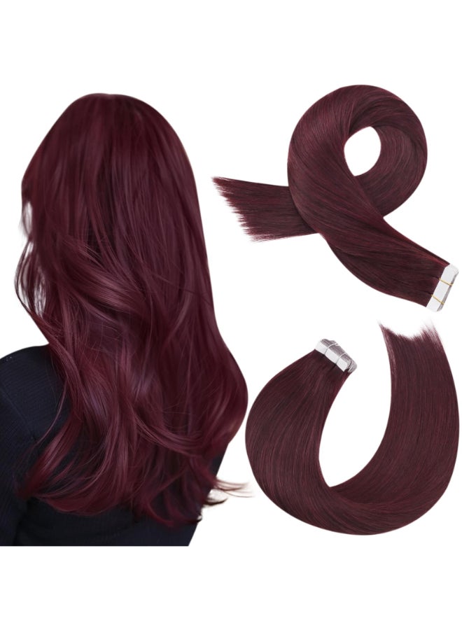 Moresoo Wine Red Tape in Hair Extensions Human Hair Invisible Hair Extensions Tape in Burgundy Tape in Extensions Real Hair Seamless Glue in Human Hair Extensions 16 Inch 99J 20pcs 50g - Image 3