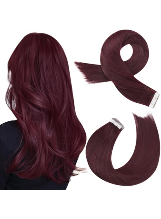 Moresoo Wine Red Tape in Hair Extensions Human Hair Invisible Hair Extensions Tape in Burgundy Tape in Extensions Real Hair Seamless Glue in Human Hair Extensions 16 Inch 99J 20pcs 50g - Image 1