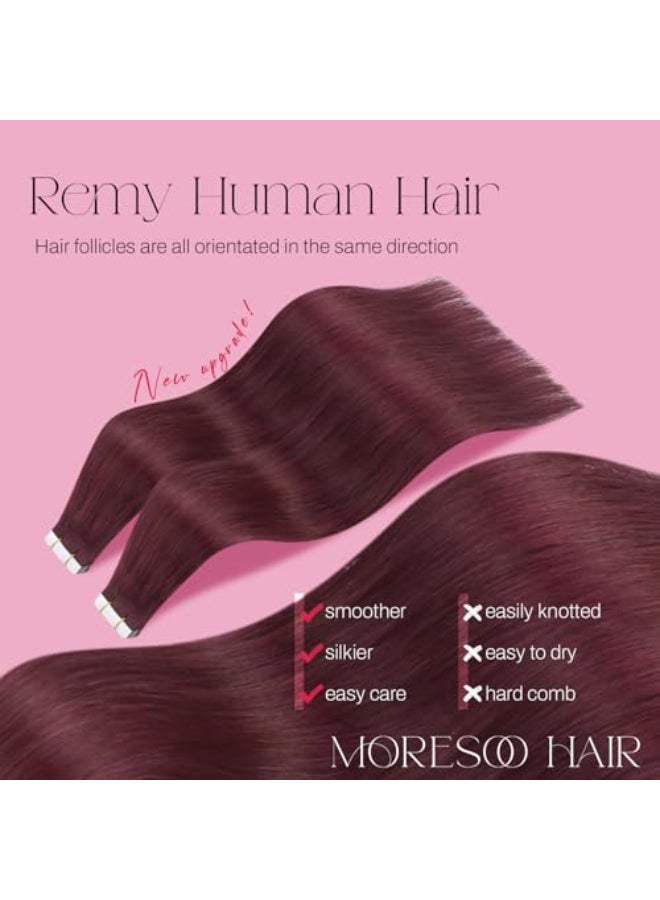 Moresoo Wine Red Tape in Hair Extensions Human Hair Invisible Hair Extensions Tape in Burgundy Tape in Extensions Real Hair Seamless Glue in Human Hair Extensions 16 Inch 99J 20pcs 50g - Image 4