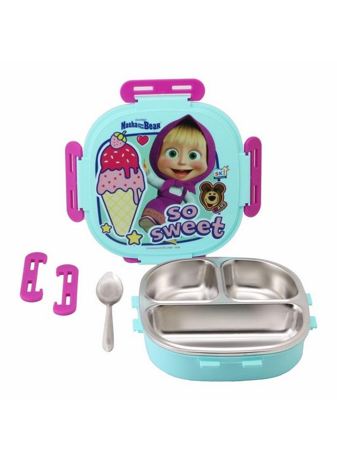 SKi Homeware صندوق غداء بنظام 3 شبكات معزول من SKi Homeware مع داخلية من الفولاذ المقاوم للصدأ وملعقة فولاذية - ماشا والدب، 450 مل - Image 3