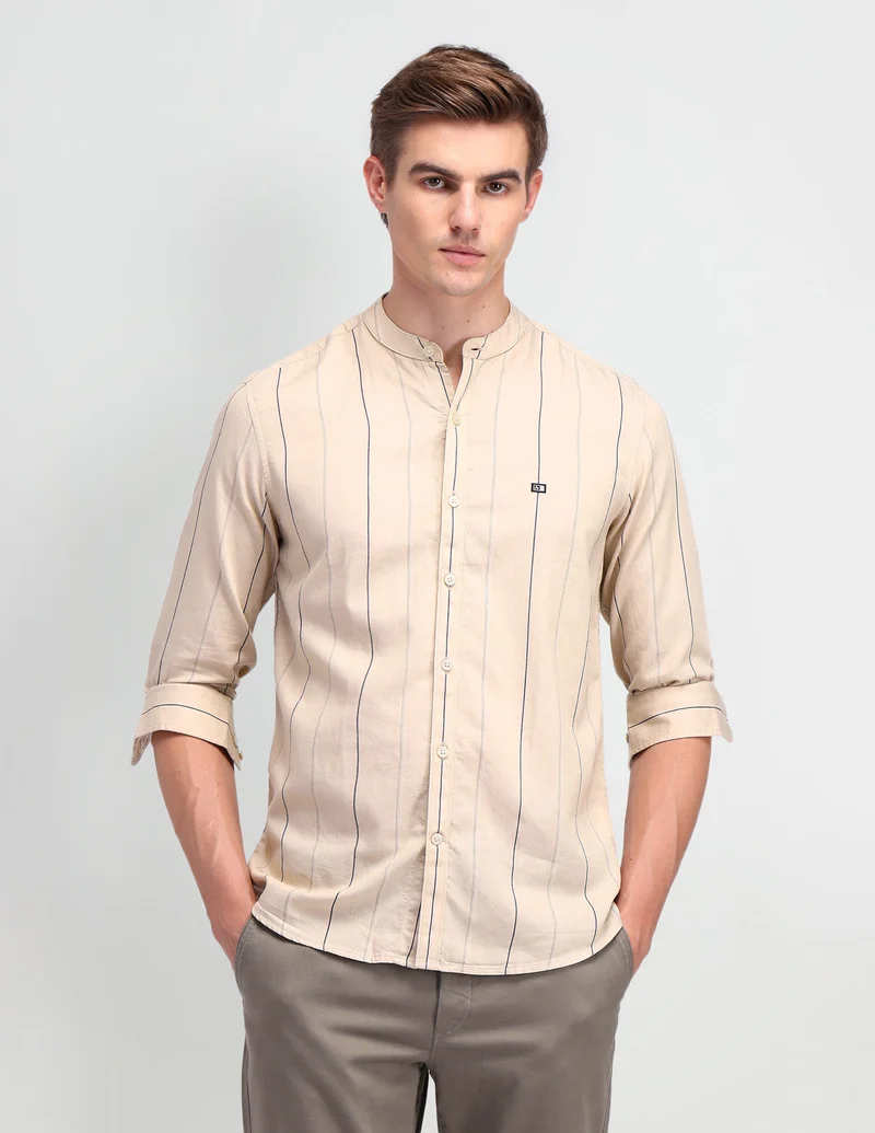Arrow Beige Vertical Striped Slim Fit Shirt for Men | Best Price UAE