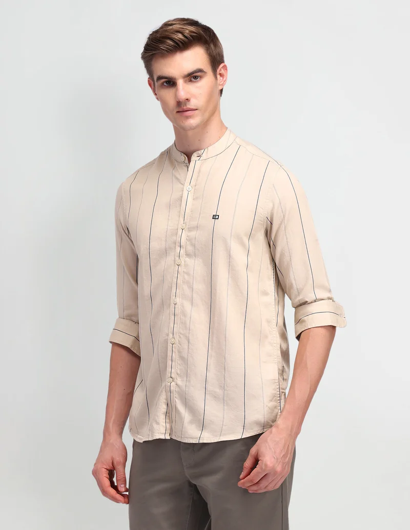 Arrow Beige Vertical Striped Slim Fit Shirt for Men | Best Price UAE