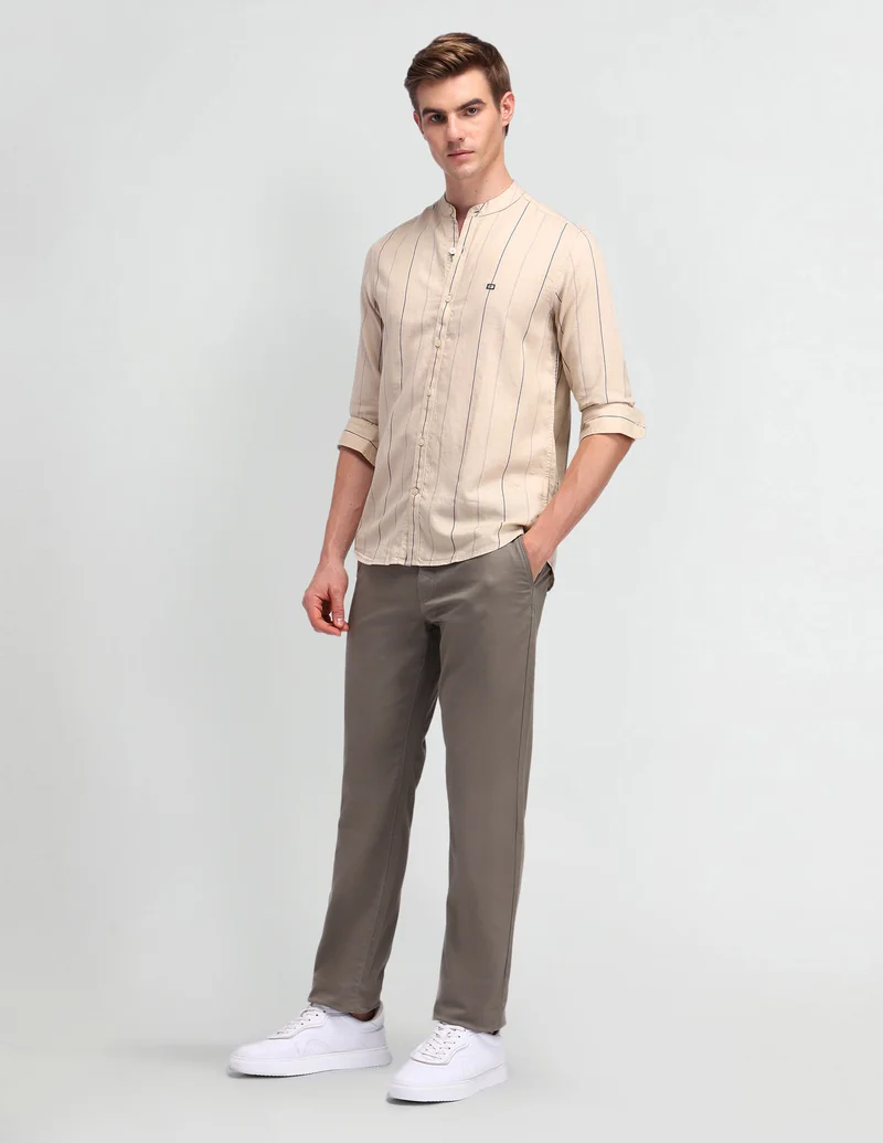 Arrow Beige Vertical Striped Slim Fit Shirt for Men | Best Price UAE