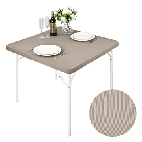 Monibana Square Fitted Card Tablecloth Table Cover Elastic Tablecloth Stretch Table Top Cover Khaki for Indoor and Outdoor 34x34 Inch - Image 1