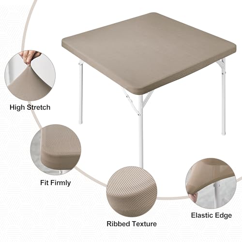 Monibana Square Fitted Card Tablecloth Table Cover Elastic Tablecloth Stretch Table Top Cover Khaki for Indoor and Outdoor 34x34 Inch - Image 2
