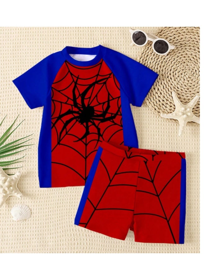 SPIDERMAN Boys  swimsuit  (3-4 years), 2-piece swimsuit set with a cute blue and red Spiderman cartoon print, stylish and trendy swimwear suitable for swimming, holidays and summer, printed swimsuit for young boys - Image 1