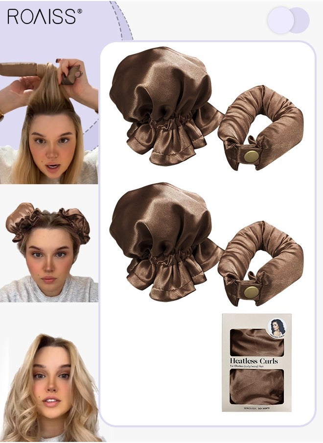 roaiss - 4 Pcs New Satin Heatless Hair Curler, Hair Rollers for Heatless Curls with Hair Caps, Soft Curling Rod Headband for Long Hair, Curling Set for Sleep in Overnight (Brown) - Image 1