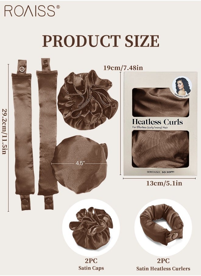 roaiss - 4 Pcs New Satin Heatless Hair Curler, Hair Rollers for Heatless Curls with Hair Caps, Soft Curling Rod Headband for Long Hair, Curling Set for Sleep in Overnight (Brown) - Image 1