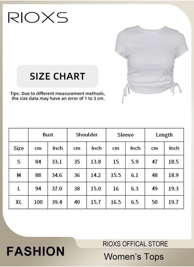 RIOXS - Women's Short Tops, Slim Fit-Shirts Short Sleeve Crop Top, Elastic Waist Shorts Side Drawstring Tops For Women, Comfy Stretchy Crop Tops, Ladies Round Neck Tops, Pair With Jeans Shorts And Skirts - Image 1