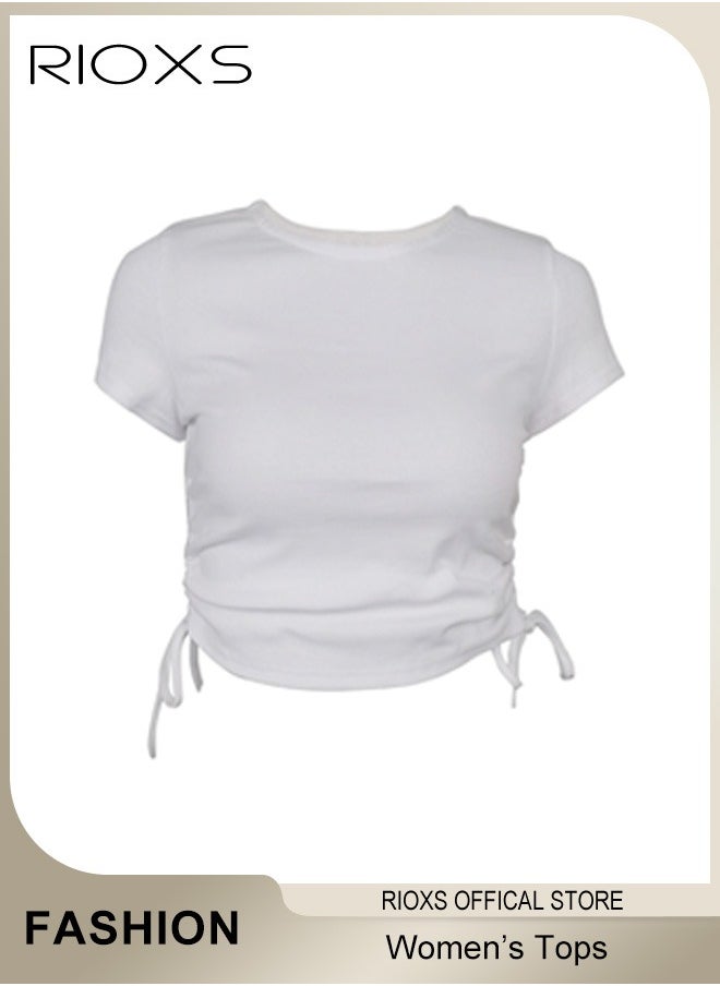 RIOXS - Women's Short Tops, Slim Fit-Shirts Short Sleeve Crop Top, Elastic Waist Shorts Side Drawstring Tops For Women, Comfy Stretchy Crop Tops, Ladies Round Neck Tops, Pair With Jeans Shorts And Skirts - Image 1