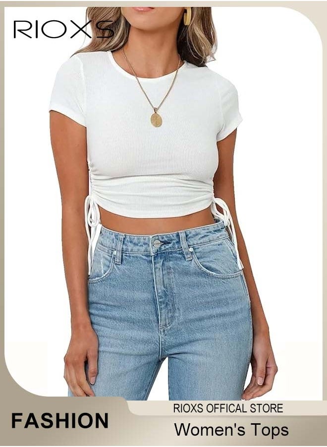 RIOXS - Women's Short Tops, Slim Fit-Shirts Short Sleeve Crop Top, Elastic Waist Shorts Side Drawstring Tops For Women, Comfy Stretchy Crop Tops, Ladies Round Neck Tops, Pair With Jeans Shorts And Skirts - Image 1