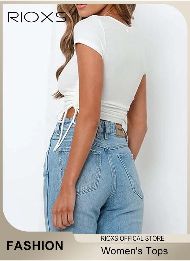 RIOXS - Women's Short Tops, Slim Fit-Shirts Short Sleeve Crop Top, Elastic Waist Shorts Side Drawstring Tops For Women, Comfy Stretchy Crop Tops, Ladies Round Neck Tops, Pair With Jeans Shorts And Skirts - Image 1