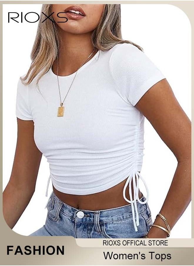 RIOXS - Women's Short Tops, Slim Fit-Shirts Short Sleeve Crop Top, Elastic Waist Shorts Side Drawstring Tops For Women, Comfy Stretchy Crop Tops, Ladies Round Neck Tops, Pair With Jeans Shorts And Skirts - Image 1
