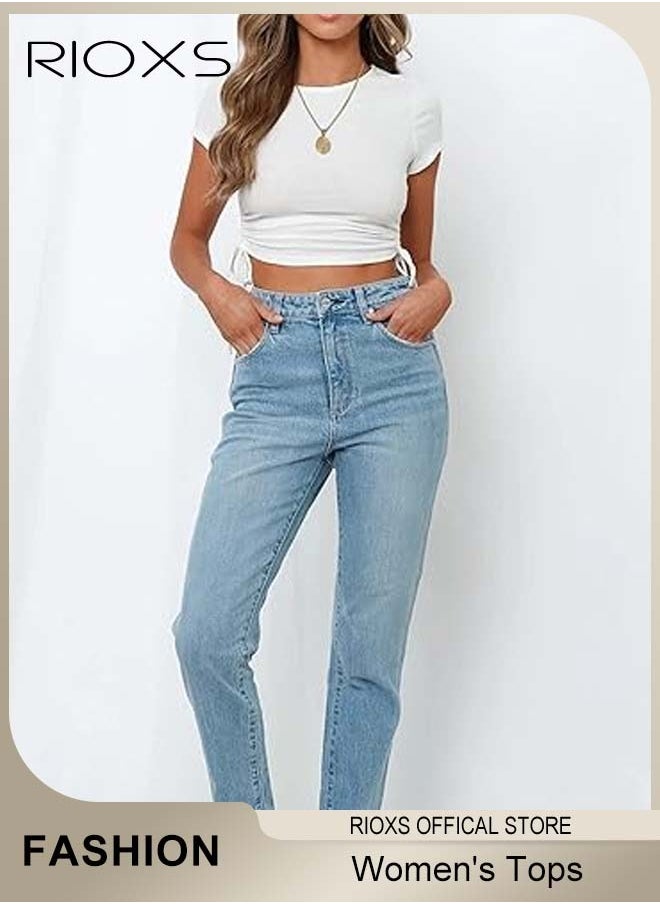RIOXS - Women's Short Tops, Slim Fit-Shirts Short Sleeve Crop Top, Elastic Waist Shorts Side Drawstring Tops For Women, Comfy Stretchy Crop Tops, Ladies Round Neck Tops, Pair With Jeans Shorts And Skirts - Image 1