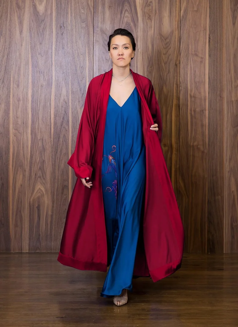 Janara Jones  Burgundy Satin Abaya Kaftan for Women | Best Price UAE