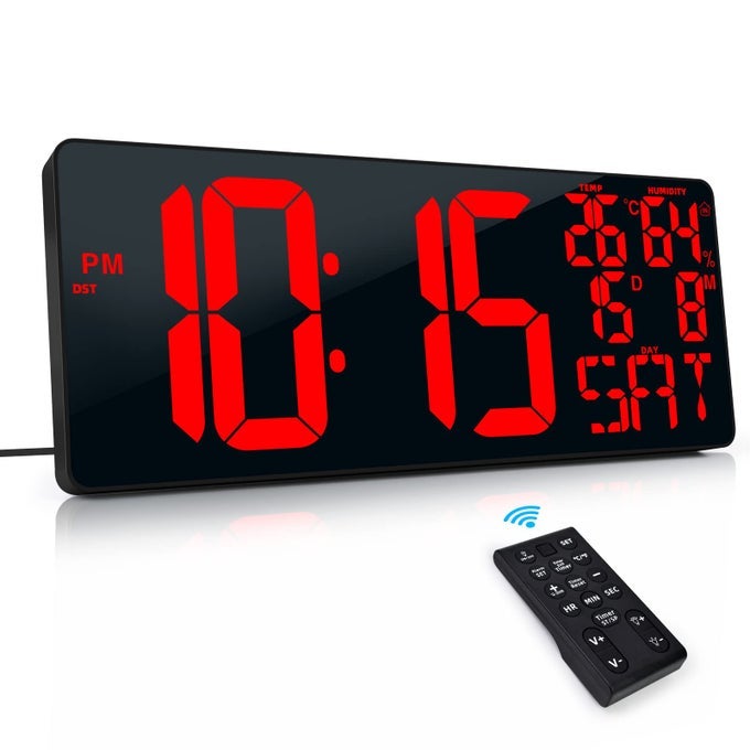 18 INCH EXTRA LARGE DIGITAL WALL CLOCK WITH REMOTE CONTROL LED LARGE WALL CLOCKS COUNT UPDOWN TIMER AUTODIMMING ALARM CLOCK WITH DAYDATETEMPHUMIDITYDST FOR LIVING ROOM GYM CLASSROOM