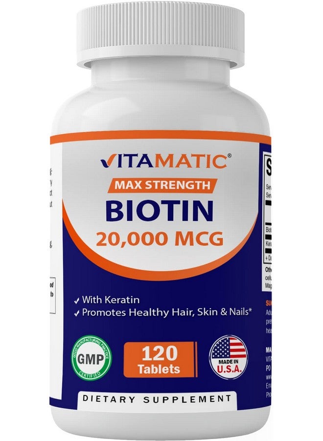 Vitamatic High Potency Biotin 20000 mcg (20mg) with Keratin 100mg - 120 Vegetarian Tablets - Biotin Supplements for Healthy Hair Skin & Nails for Adults (120 Count (Pack of 1)) - Image 1