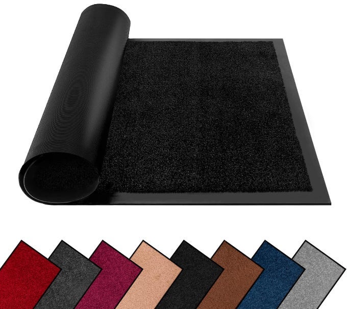 WASHABLE DIRT TRAPPER DOOR MATS INDOOR OUTDOOR HEAVY DUTY NON SLIP DOORMATS RUBBER BACKED FLOOR MAT SUPER ABSORBENT FRONT DOOR MAT ENTRANCE RUG BLACKPLAIN 60CM X 80CM