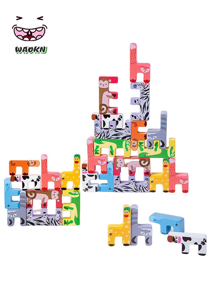 WAOKN Animal Puzzle Stacker,Wooden Animal Jigsaw Puzzle for Kids, Wooden Toys for Kids, Wooden Blocks Puzzle with Animal Shape Sorting, Brain Games for Kids Age 3 4 5 6 Years Old - Image 1