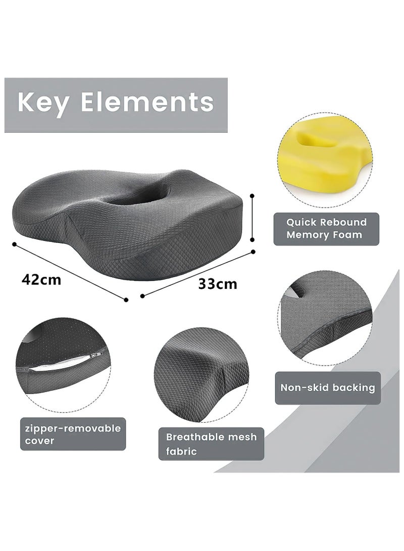 Premium Orthopedic Coccyx Seat Cushion - Memory Foam Ergonomic for Tailbone, Sciatica, Low Back Pain Relief, Pressure Relief for Car Seat, Office Chair and Wheelchair, Gaming Chair Seat (Grey)