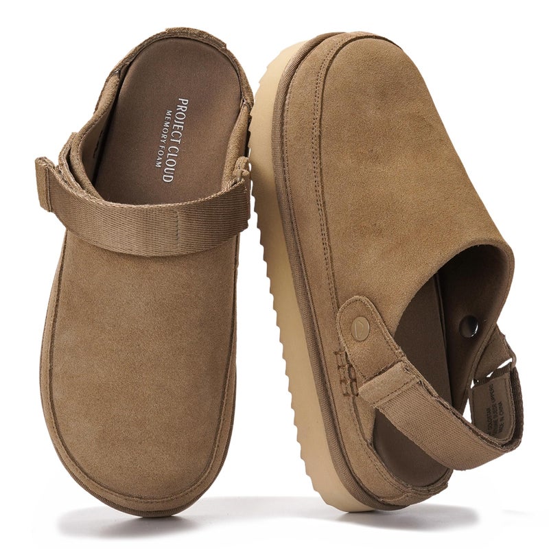 Project Cloud 100% Genuine Leather Clogs for Women - Memory Foam Womens Clogs & Mules with Adjustable Straps - Lightweight Platform Shoes Non-Slip Slides (Goldstar, KHAKSUEDE,6) - Image 1