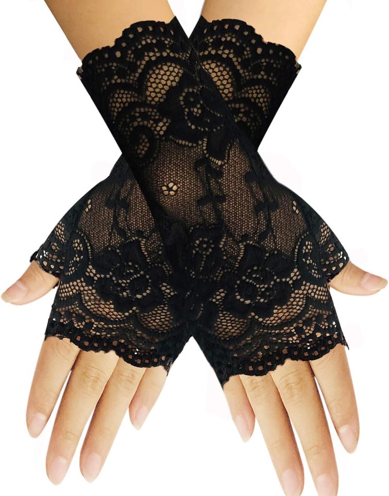 monochef Women Short Lace Gloves Sunblock Fingerless Bridal Wrist Gloves Opera Evening Wedding Tea Party Prom Cosplay 1920s - Image 1