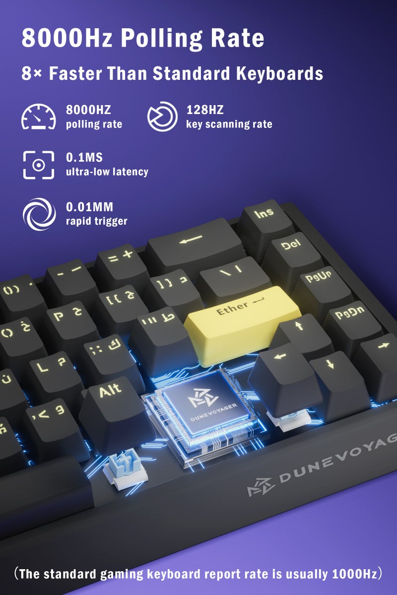 مسافر الكثبان لوحة مفاتيح ألعاب مغناطيسية COER 68C بإضاءة RGB وتصميم 65% مع 68 مفتاحًا، أغطية مفاتيح PBT عربية مقاومة للتآكل، مفاتيح تأثير هول قابلة للتعديل للاستجابة السريعة، معدل استطلاع 8K و128K لضغطات دقيقة، كابل نحاسي عالي السرعة، متوافقة مع PS4 وPS5 وXbox وPC، مثالية لألعاب Fortnite وFPS، تصميم مدمج محمول للألعاب الاحترافية. - Image 4