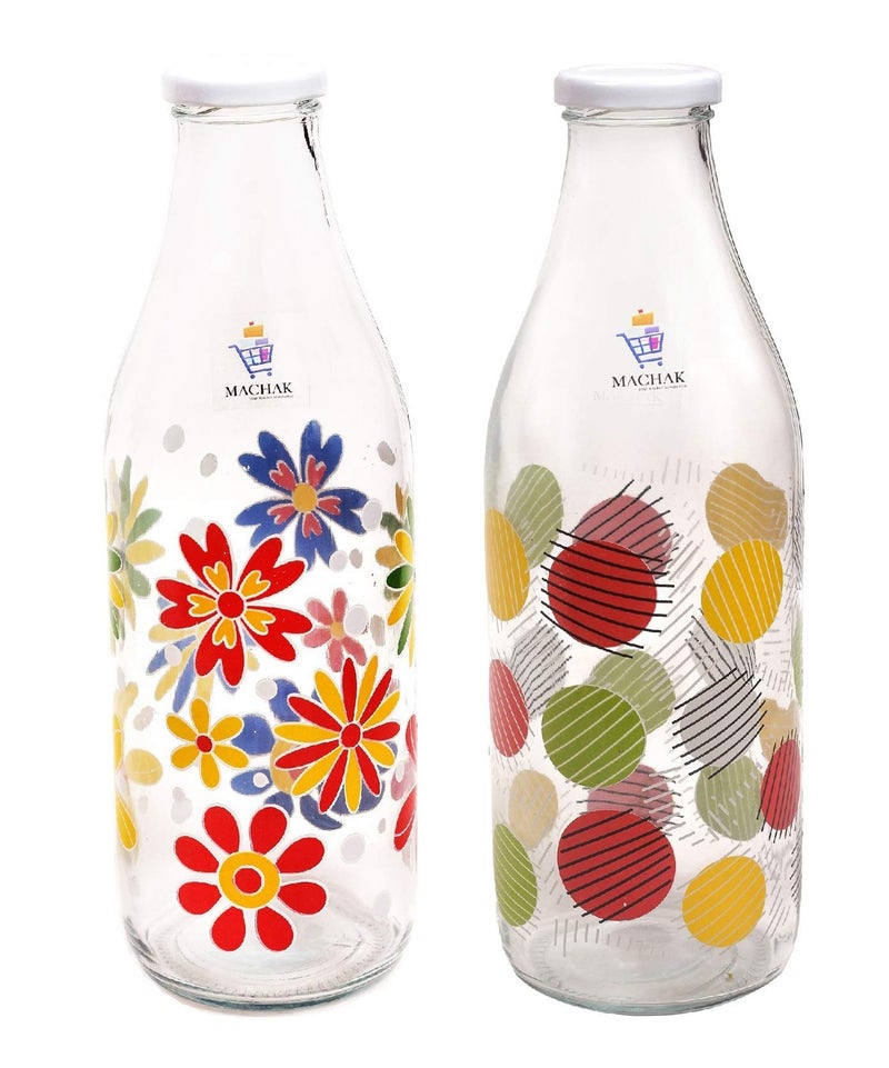 Machak Decal Glass Water Bottle For Fridge 1 litre, Assorted (Set of 2) - Image 1