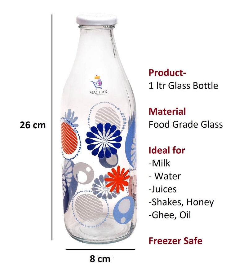 Machak Decal Glass Water Bottle For Fridge 1 litre, Assorted (Set of 2) - Image 2