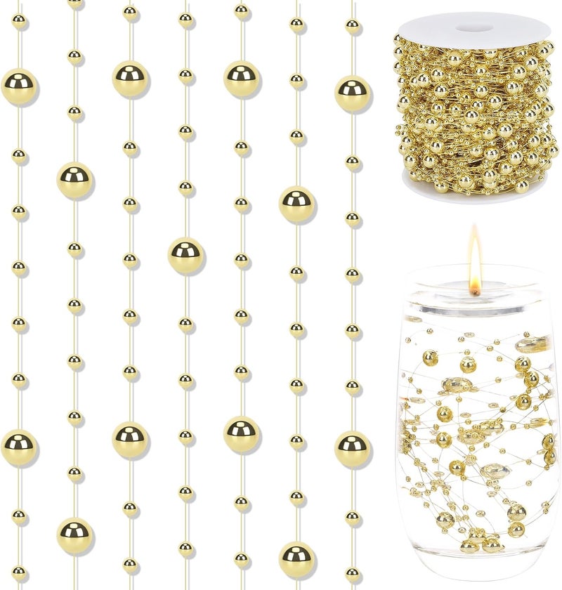 SUREAM Gold Plated Christmas Tree Beads, 98Ft Pearl Garland for Vase Filler, Artificial Pearl Beads Strand for Wedding Party Holiday Dinning Home Decoration, DIY Accessories - Image 1
