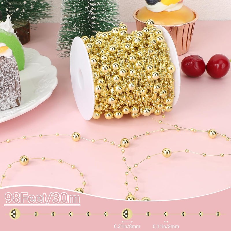 SUREAM Gold Plated Christmas Tree Beads, 98Ft Pearl Garland for Vase Filler, Artificial Pearl Beads Strand for Wedding Party Holiday Dinning Home Decoration, DIY Accessories - Image 2