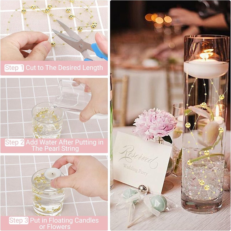 SUREAM Gold Plated Christmas Tree Beads, 98Ft Pearl Garland for Vase Filler, Artificial Pearl Beads Strand for Wedding Party Holiday Dinning Home Decoration, DIY Accessories - Image 3
