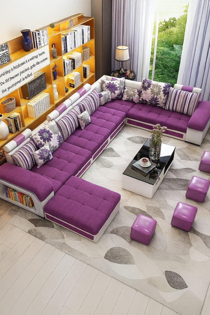 KARNAK Luxury U-Shape Velvet Fabric Modular Sofa Set with Ottoman & Stools – 6 to 8 Seater, Purple & White, Premium Cushions & Sturdy Wooden Frame – Modern Living Room Furniture - Image 1