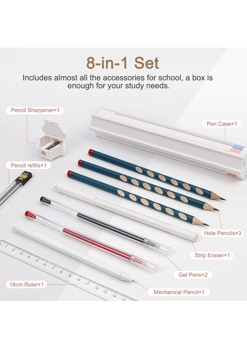 Multifunctional Portable Pencil Box, Creative Pencil Case with Pencils Gel Pens Sharpener Eraser Ruler for School Kids (White) - Image 3