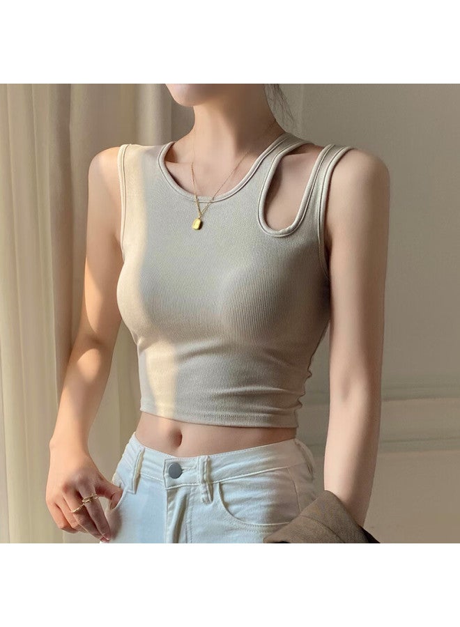 Gujin Hollow Out Camisole Tank Top Women Summer Short With Chest Pad Inner Wear Basic Top Black L 115-135 Lbs - Image 2