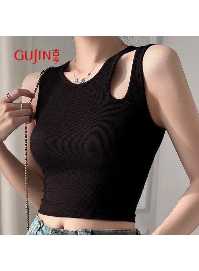 Gujin Hollow Out Camisole Tank Top Women Summer Short With Chest Pad Inner Wear Basic Top Black L 115-135 Lbs - Image 1