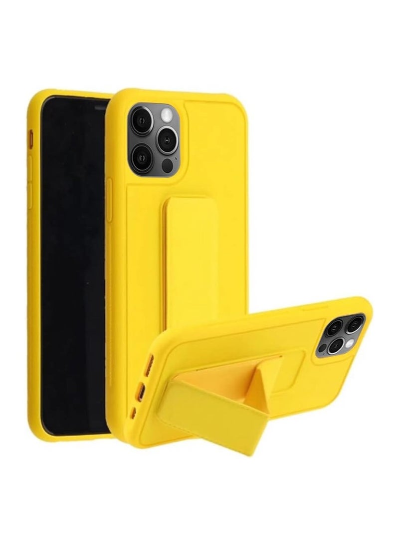 غطاء iPhone 16 Pro مقبض الإصبع هاتف السيارة المغناطيسي متعدد الوظائف حالة واقية للصدمات اثنان في واحد حامل الهاتف القضية باللون الأصفر - Image 4