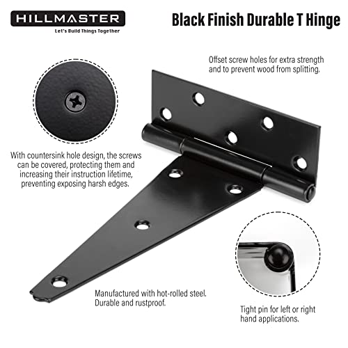 HILLMASTER 8 Inch T-Strap Heavy Duty Shed Door Hinges Gate Strap Hinges Black Tee Hinge Wrought Hardware for Wooden Fences,Yard,Barn Door,Rustproof (4 Pack) - Image 4
