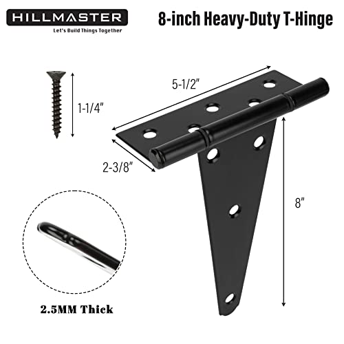 HILLMASTER 8 Inch T-Strap Heavy Duty Shed Door Hinges Gate Strap Hinges Black Tee Hinge Wrought Hardware for Wooden Fences,Yard,Barn Door,Rustproof (4 Pack) - Image 2
